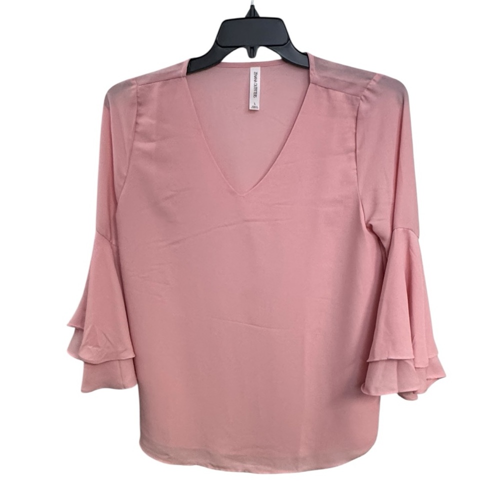 Zenana‎ Outfitters Pink V-Neck Blouse with Ruffle Sleeves Size L